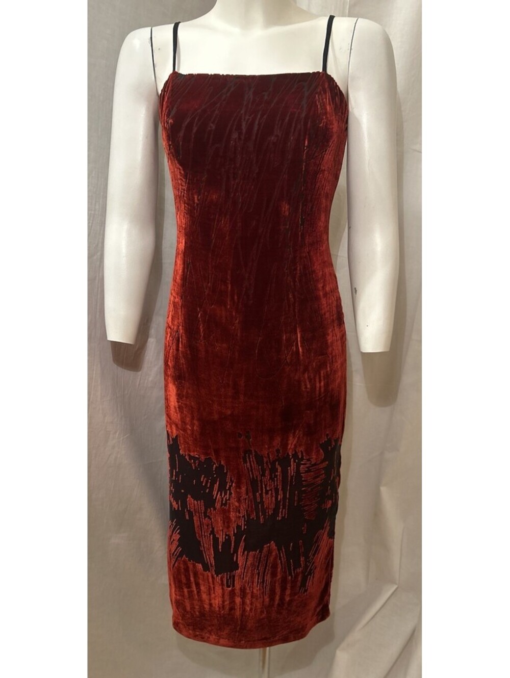VTG 80s Goth Vamp Grunge Red Black Devore Velvet Burnout Prom HOCO Maxi Dress M